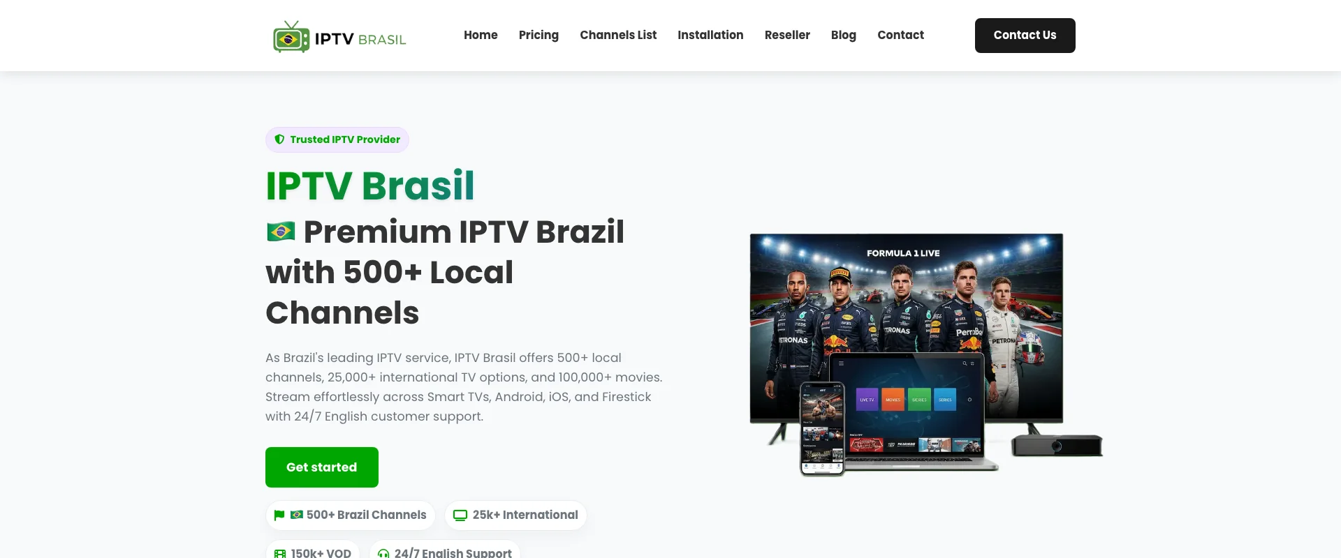 IPTV Brasil interface showing streaming quality and channel guide