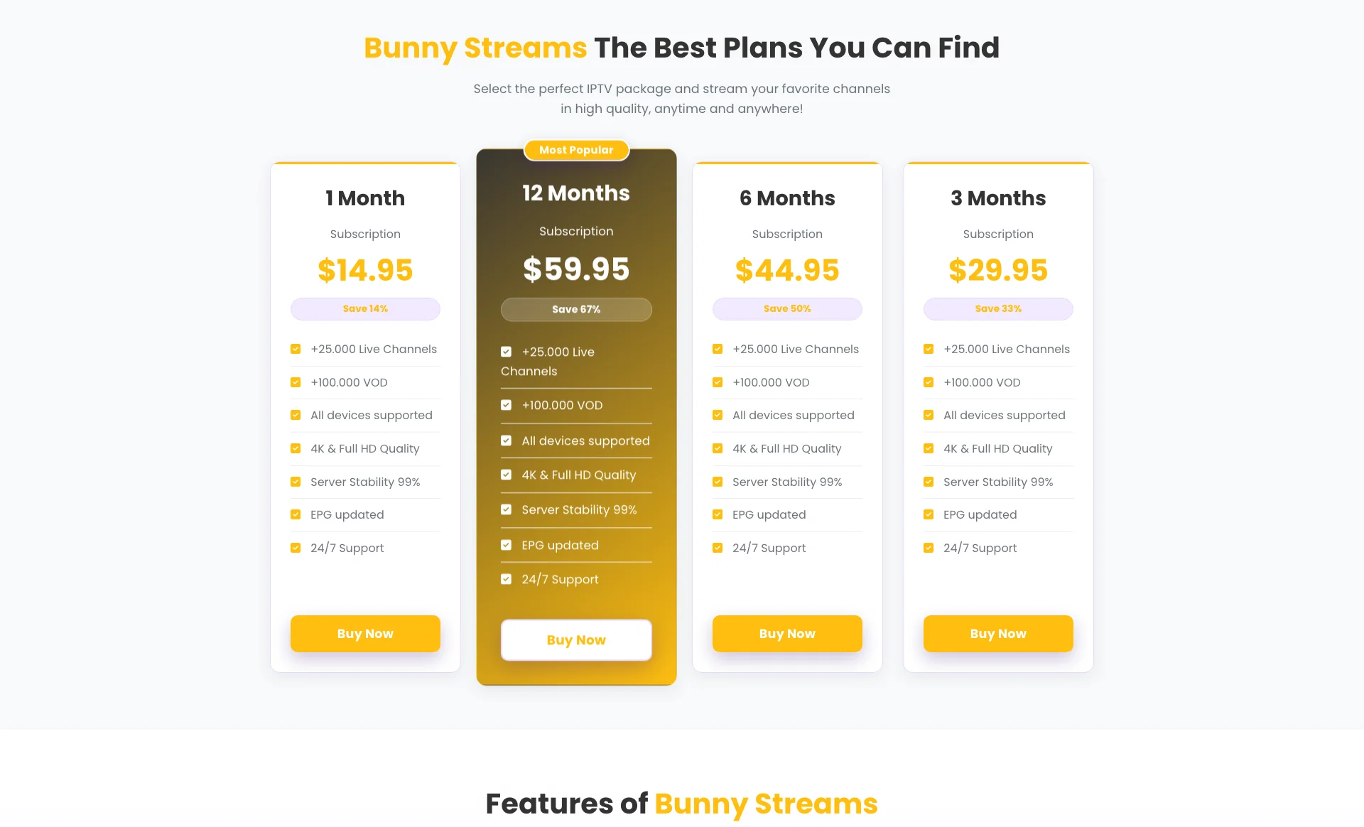 Bunny Stream TV Pricing Plans