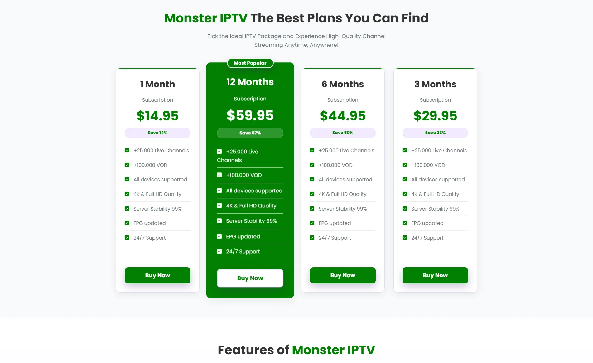 BuyMonster IPTV Pricing Plans
