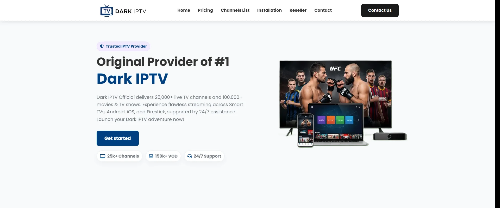 IPTV Dark interface showing streaming quality and channel guide