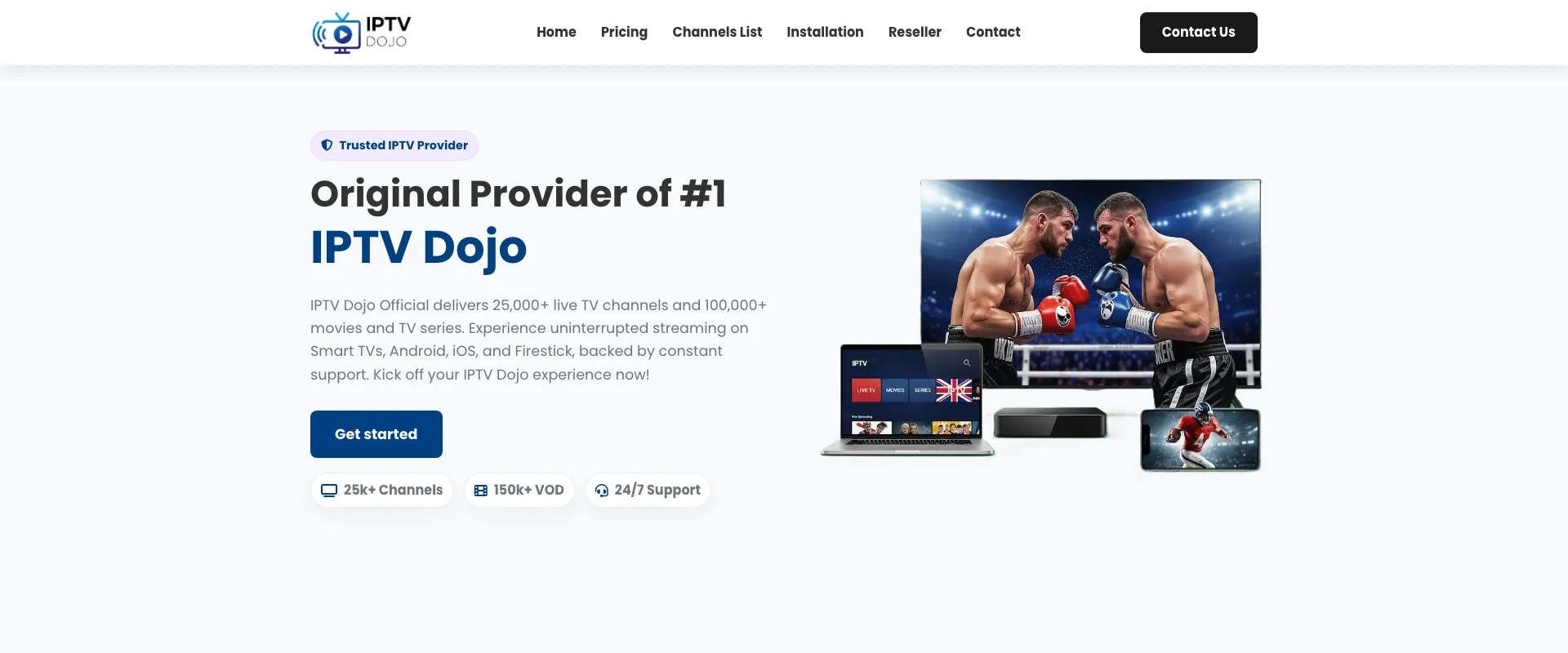 IPTV Dojo interface showing streaming quality and channel guide