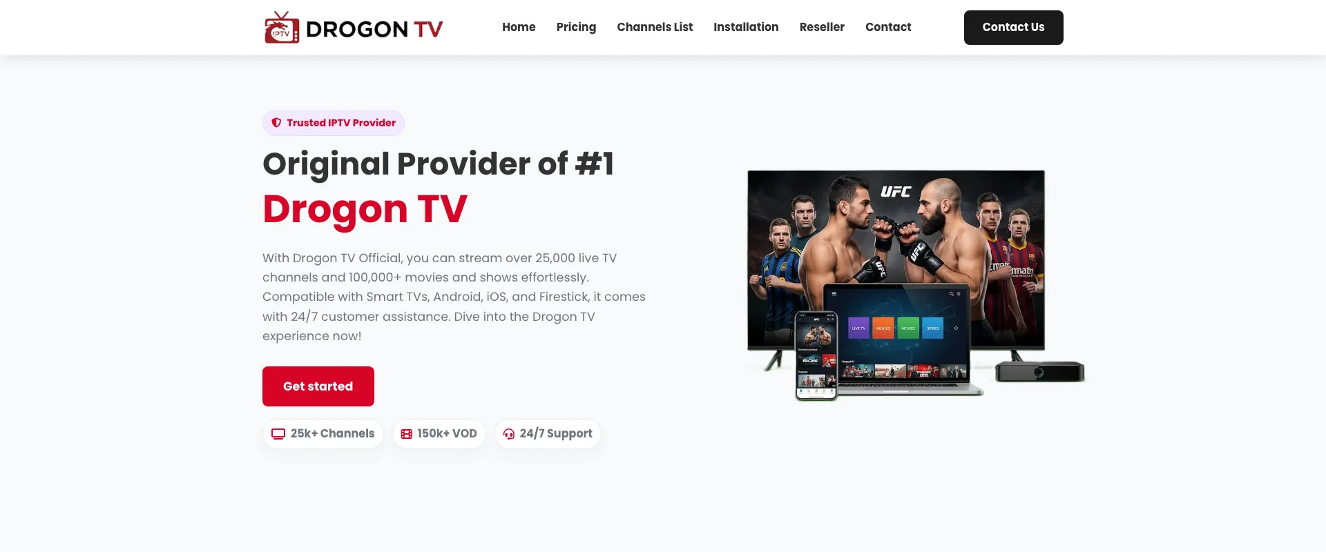 Drogon TV Plus interface showing streaming quality and channel guide