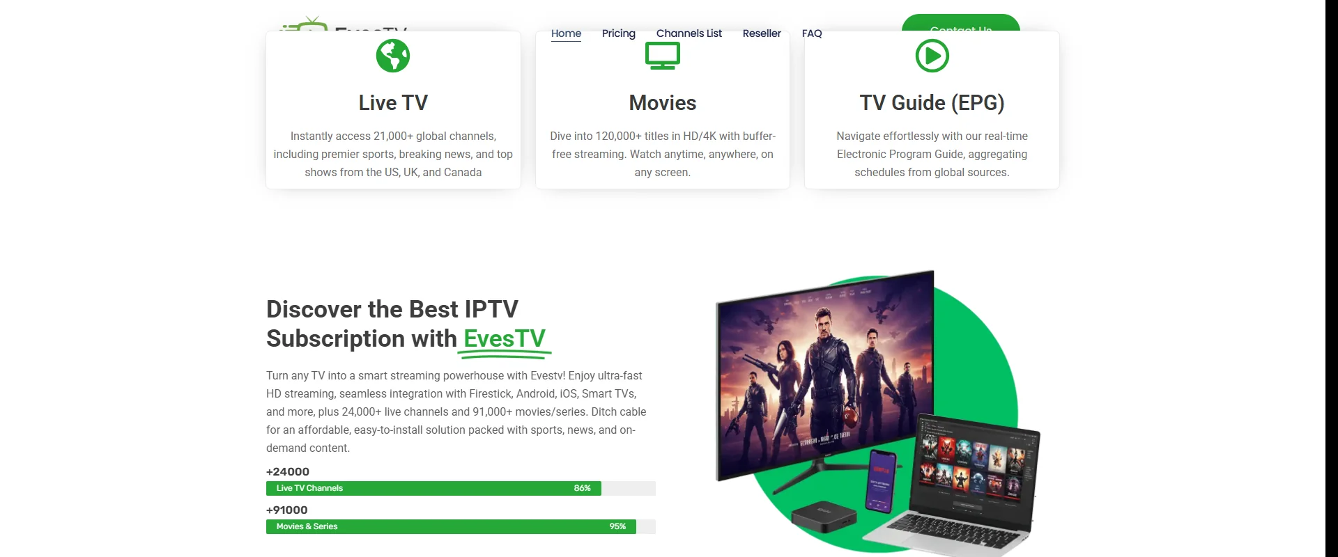 Eves TV interface showing streaming quality and channel guide