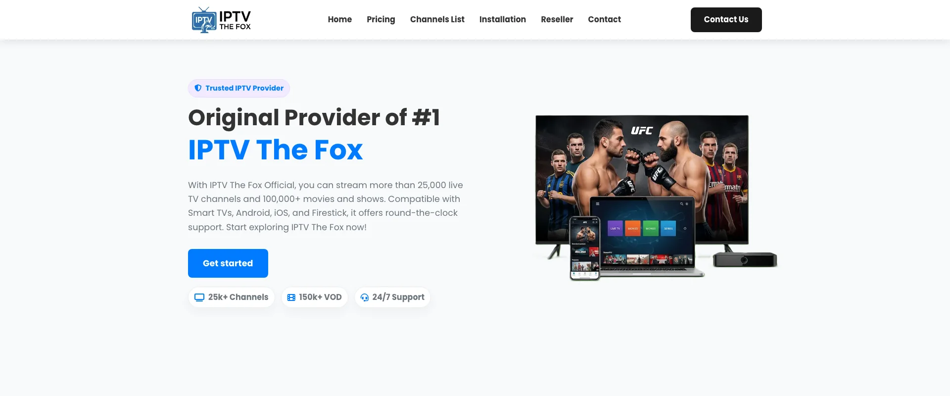 IPTV Fox interface showing streaming quality and channel guide