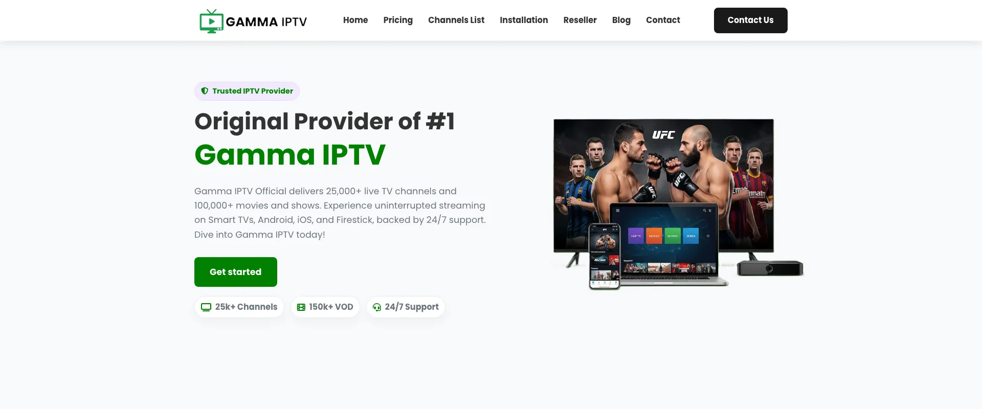Gamm IPTV interface showing streaming quality and channel guide