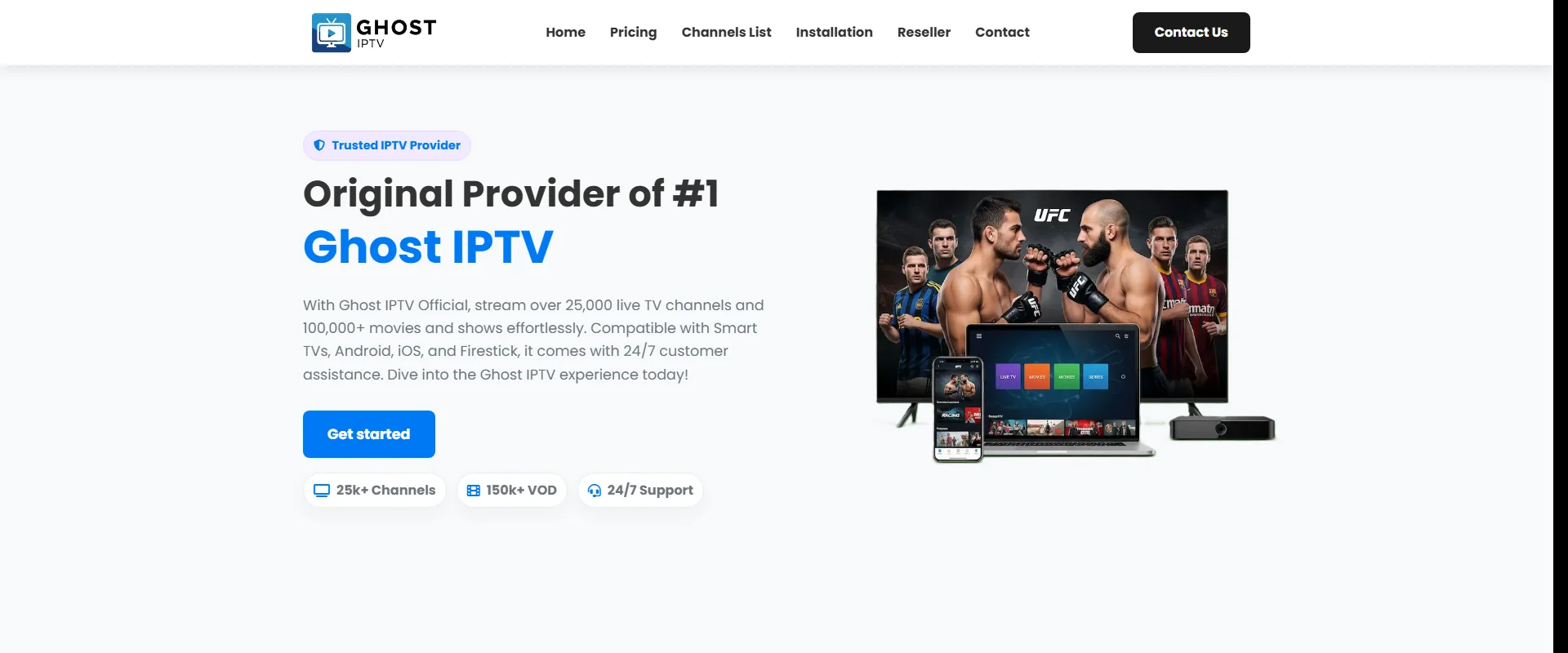 Ghost IPTV interface showing streaming quality and channel guide
