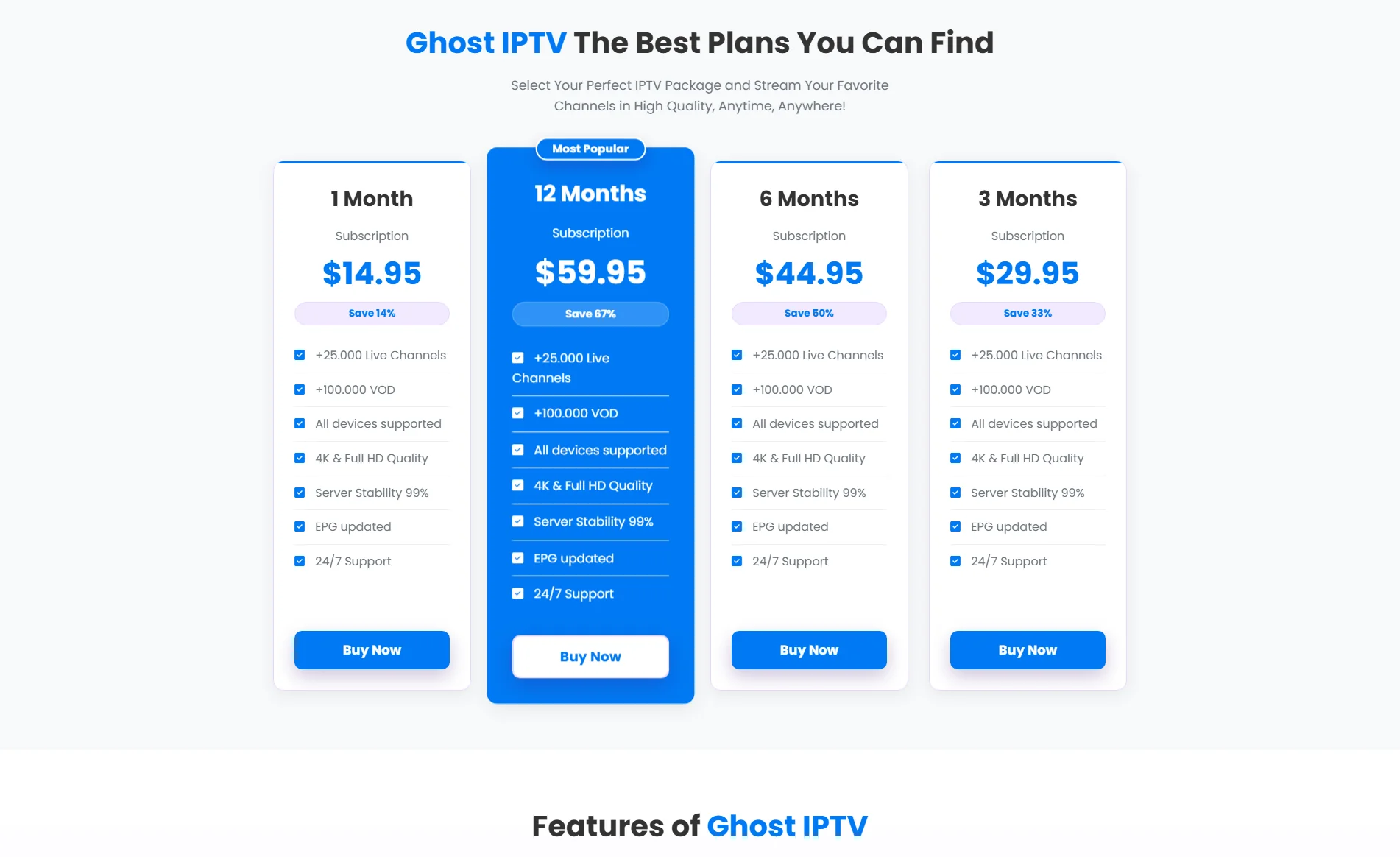 Ghost IPTV Pricing Plans