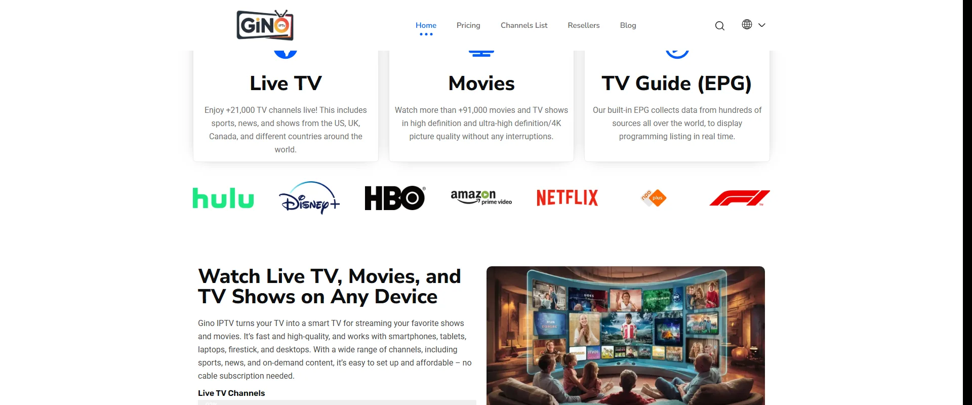 Gino IPTV interface showing streaming quality and channel guide