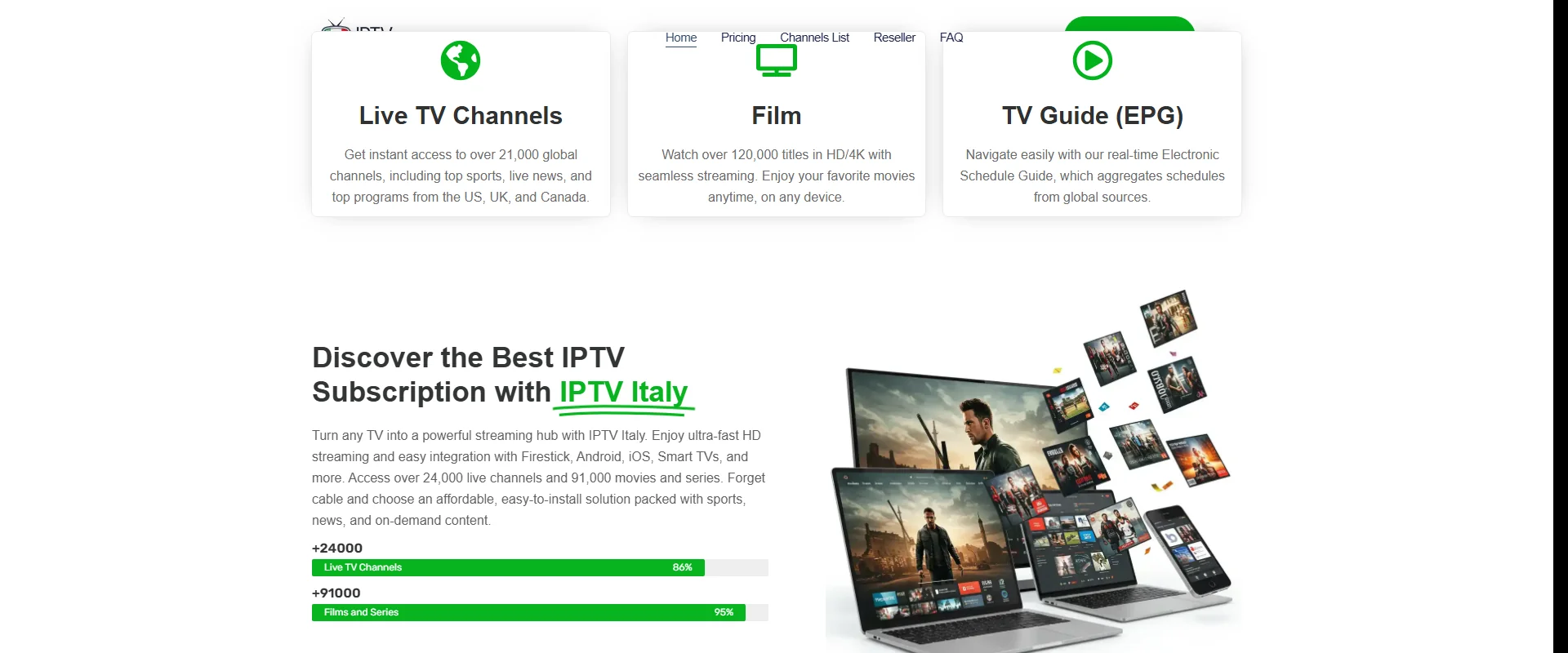IPTV Italy interface showing streaming quality and channel guide
