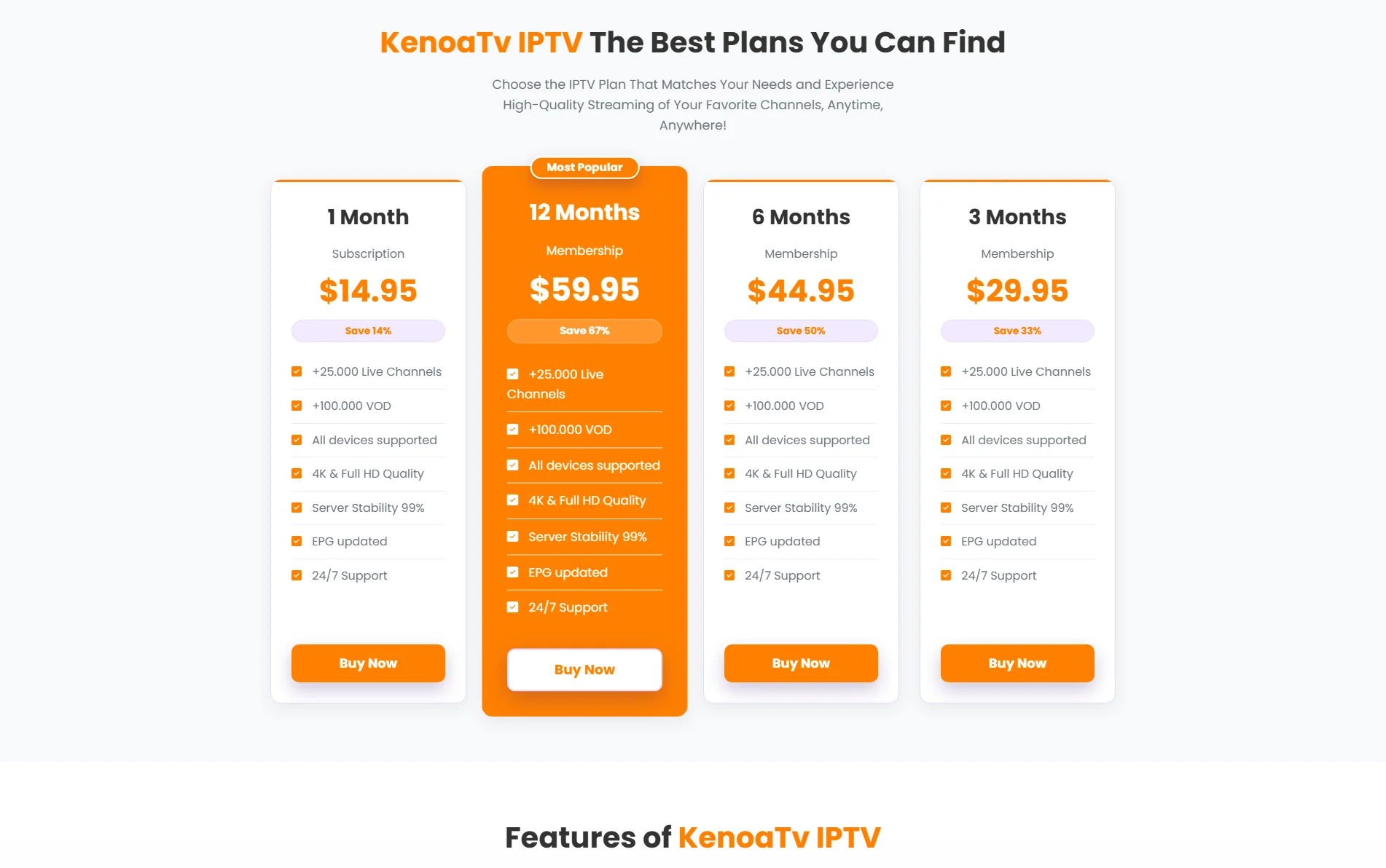 KenoaTV IPTV Pricing Plans