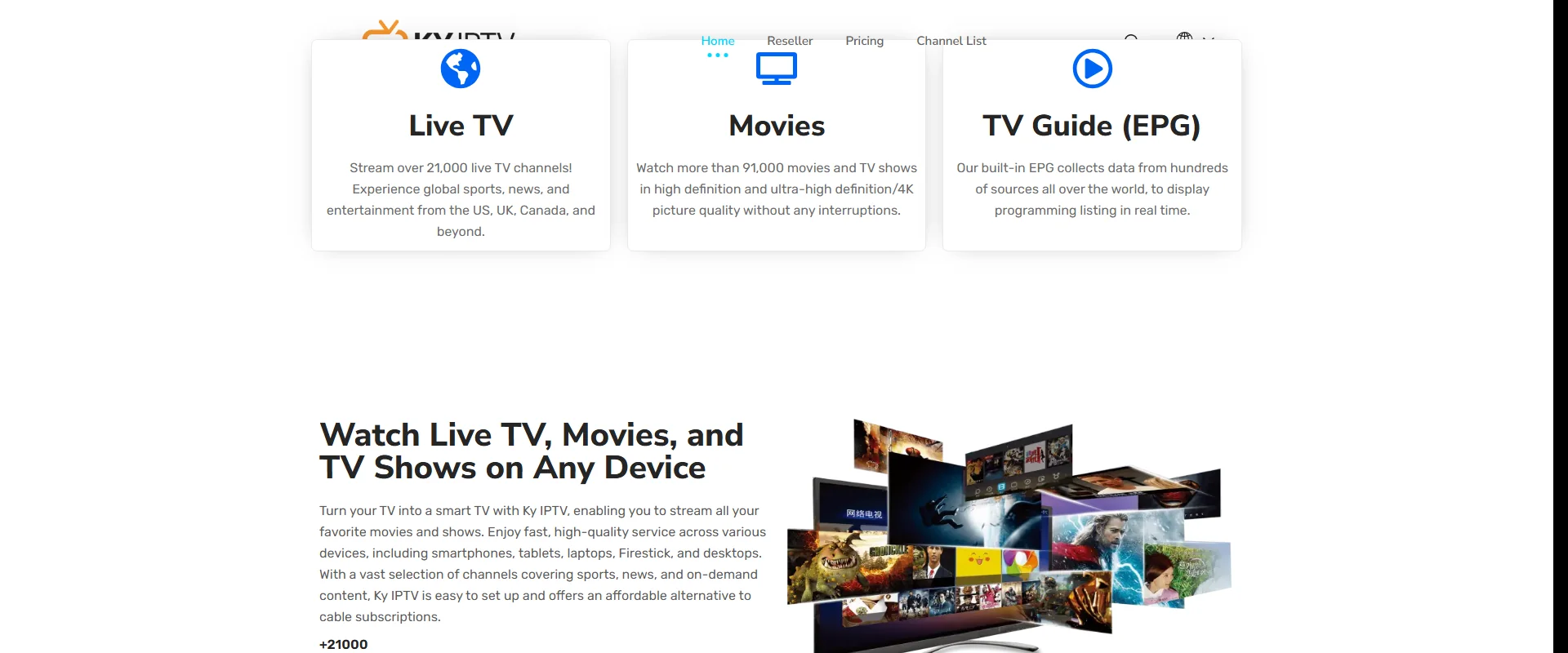 KY IPTV interface showing streaming quality and channel guide