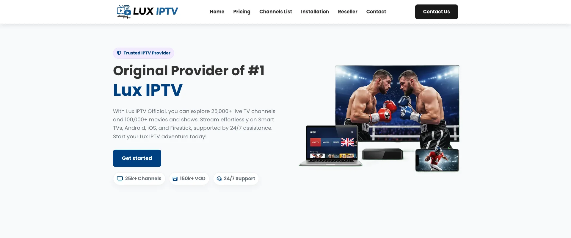 Lux IPTV interface showing streaming quality and channel guide