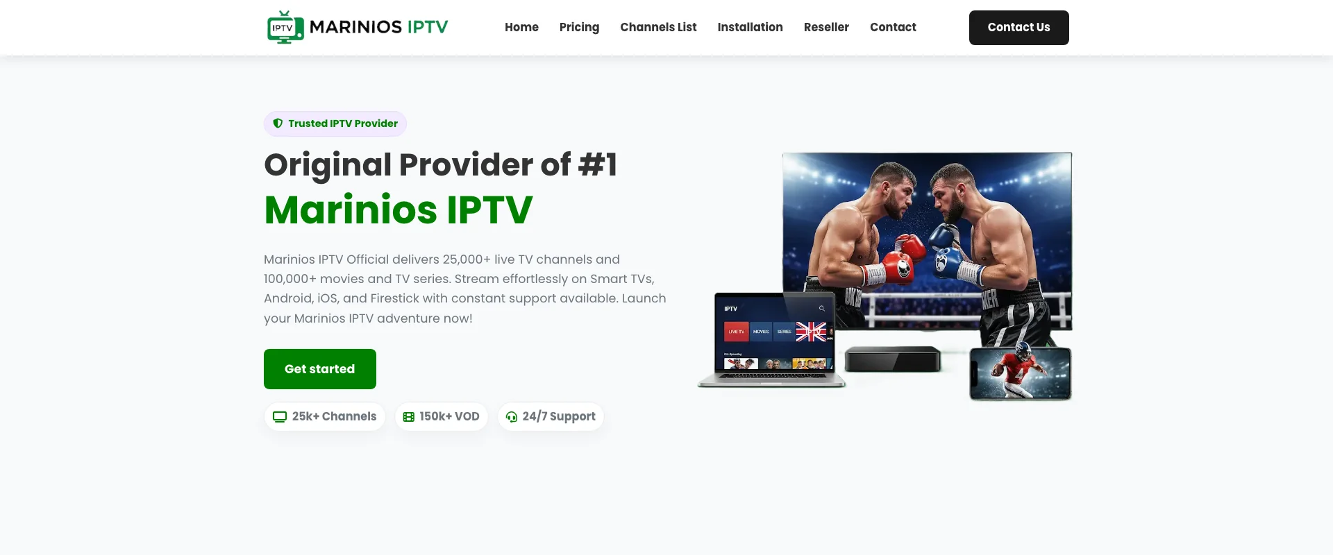 Marinio IPTV interface showing streaming quality and channel guide