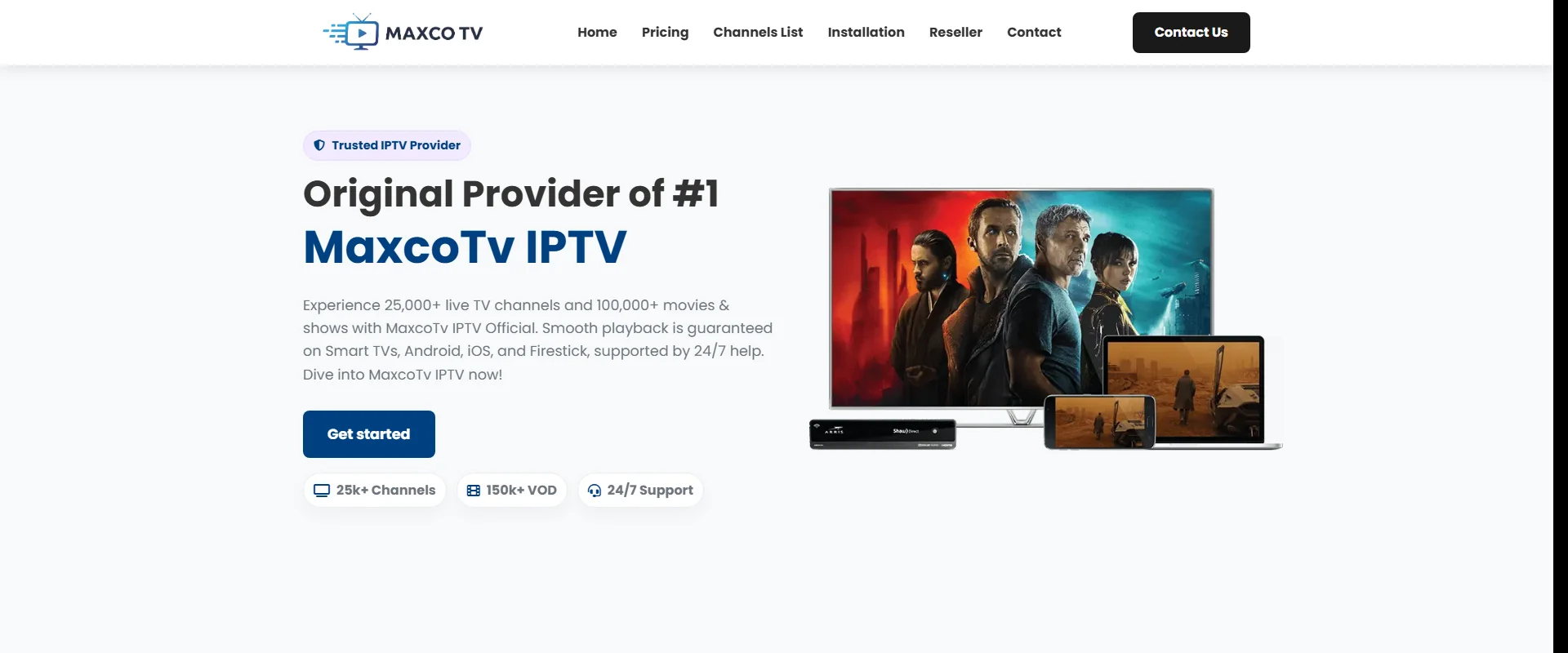 Maxco TV interface showing streaming quality and channel guide