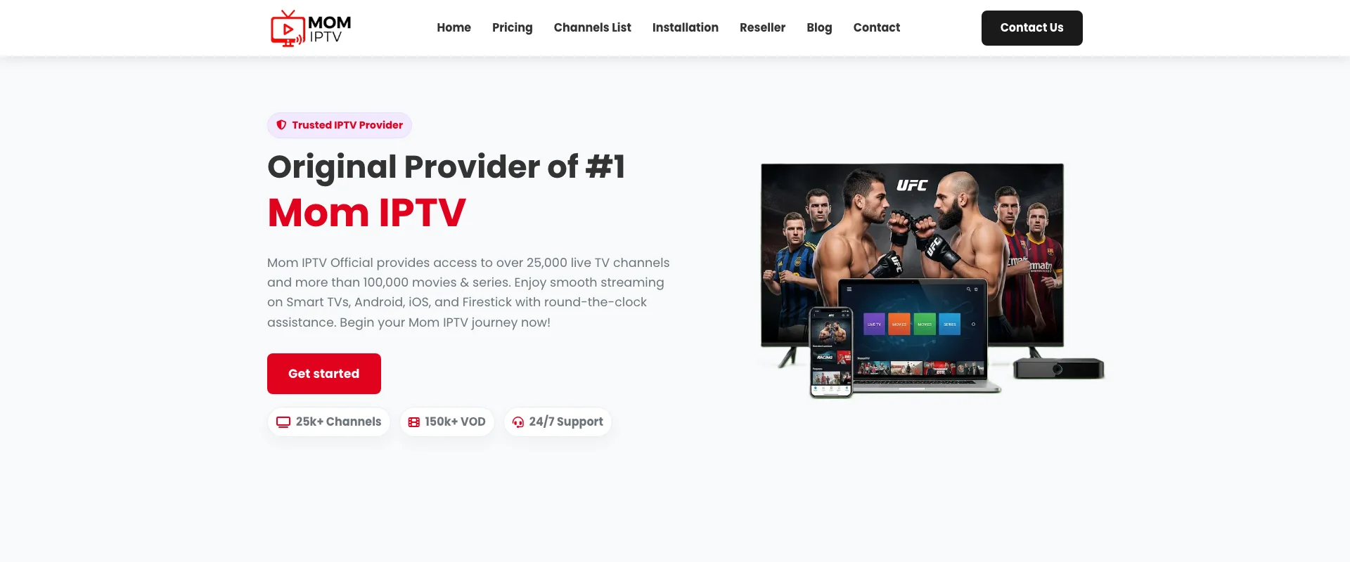 Mom IPTV interface showing streaming quality and channel guide