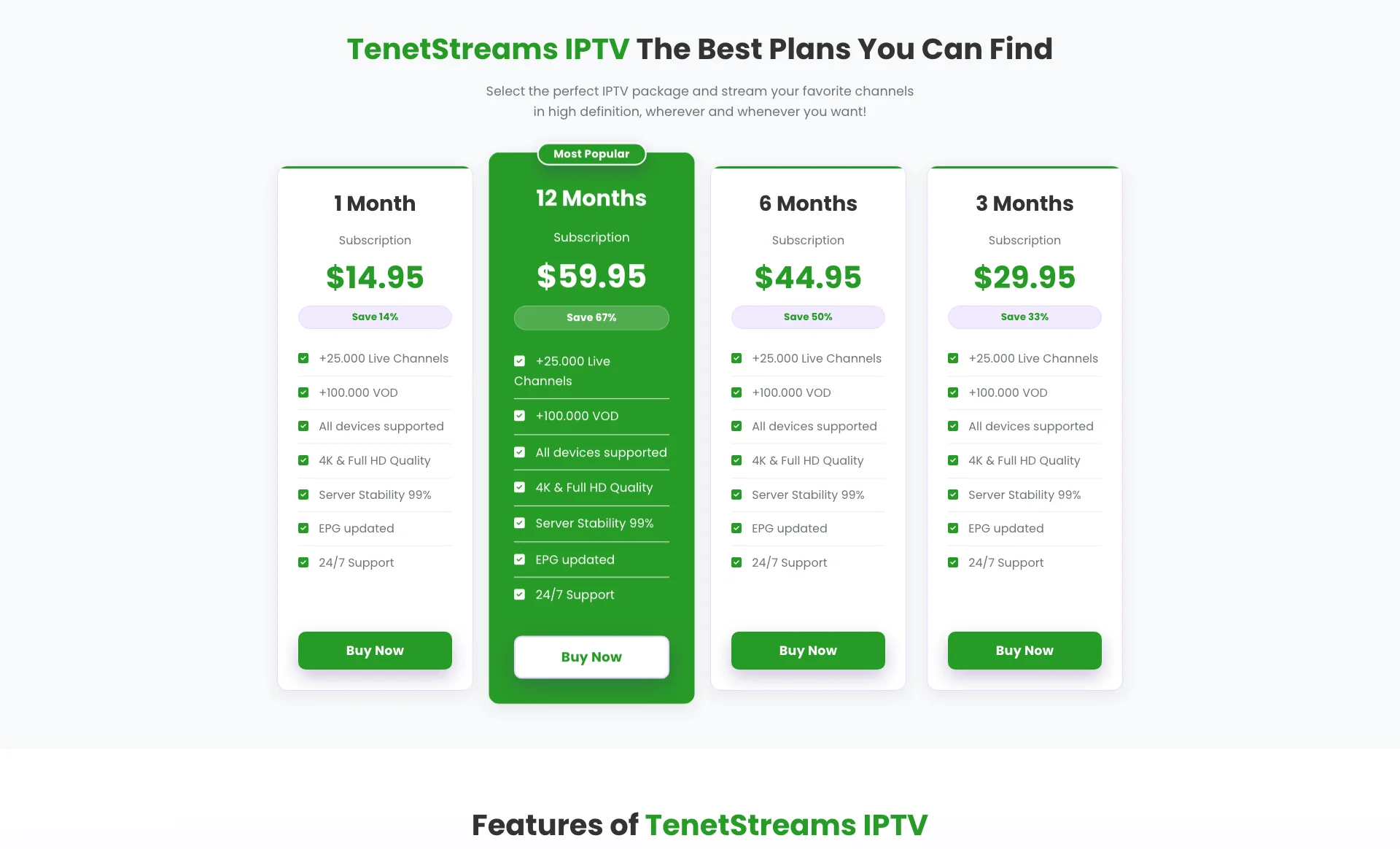 TenetStream IPTV Pricing Plans