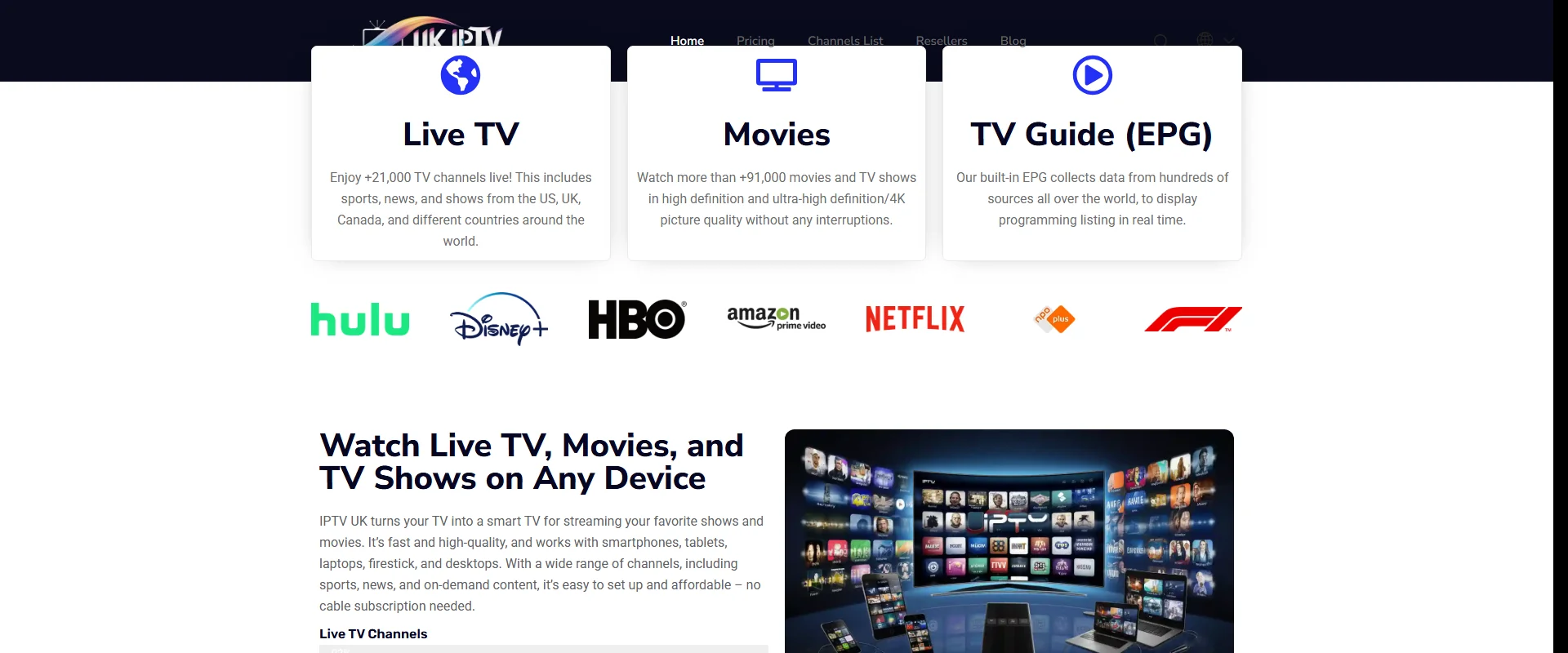 IPTV UK interface showing streaming quality and channel guide