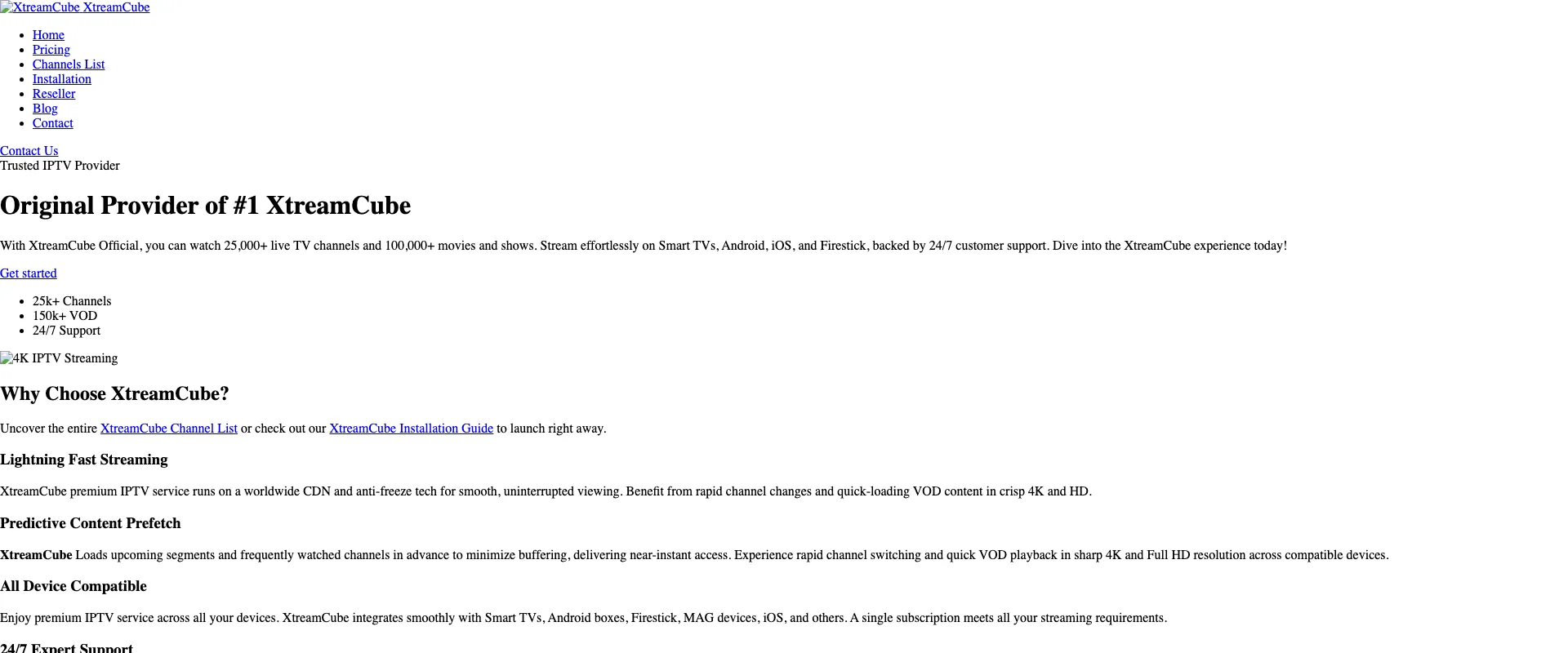 XtreamCube TV interface showing streaming quality and channel guide