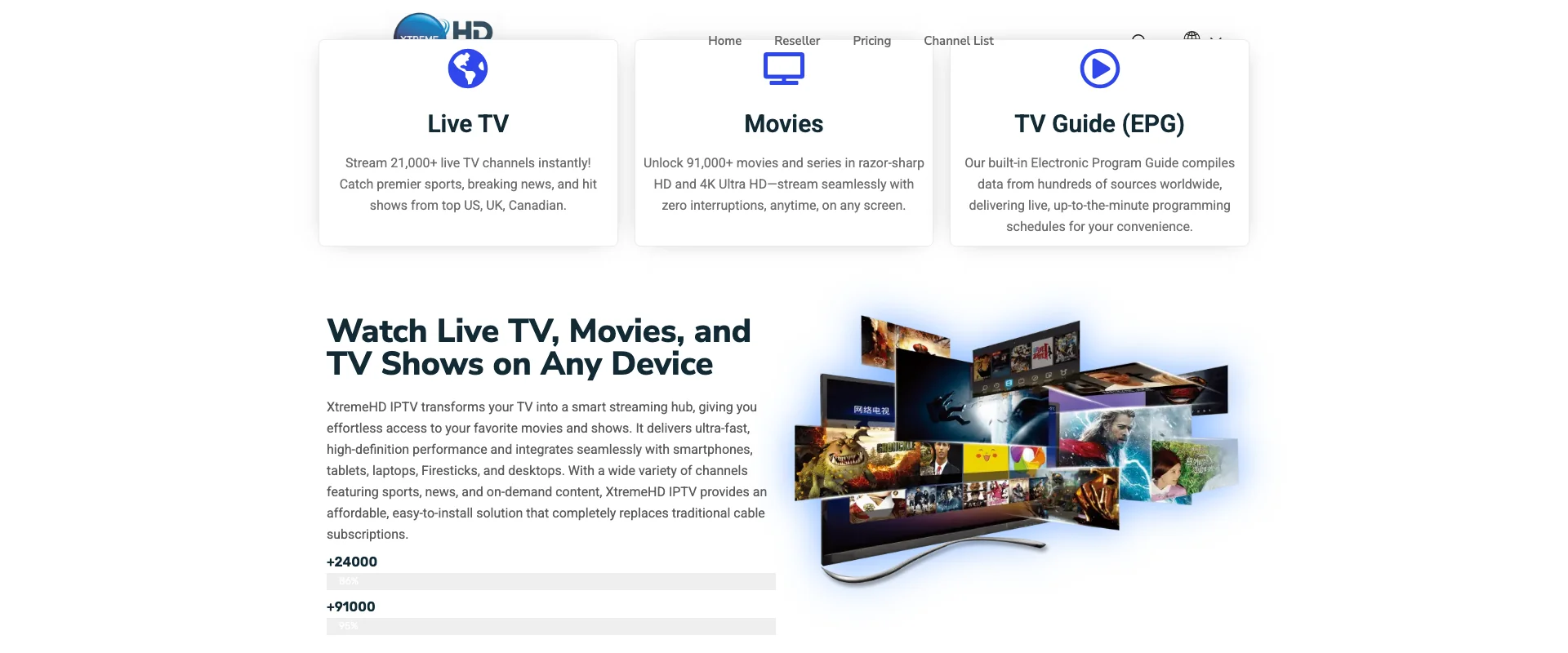 XtremeHD IPTV interface showing streaming quality and channel guide