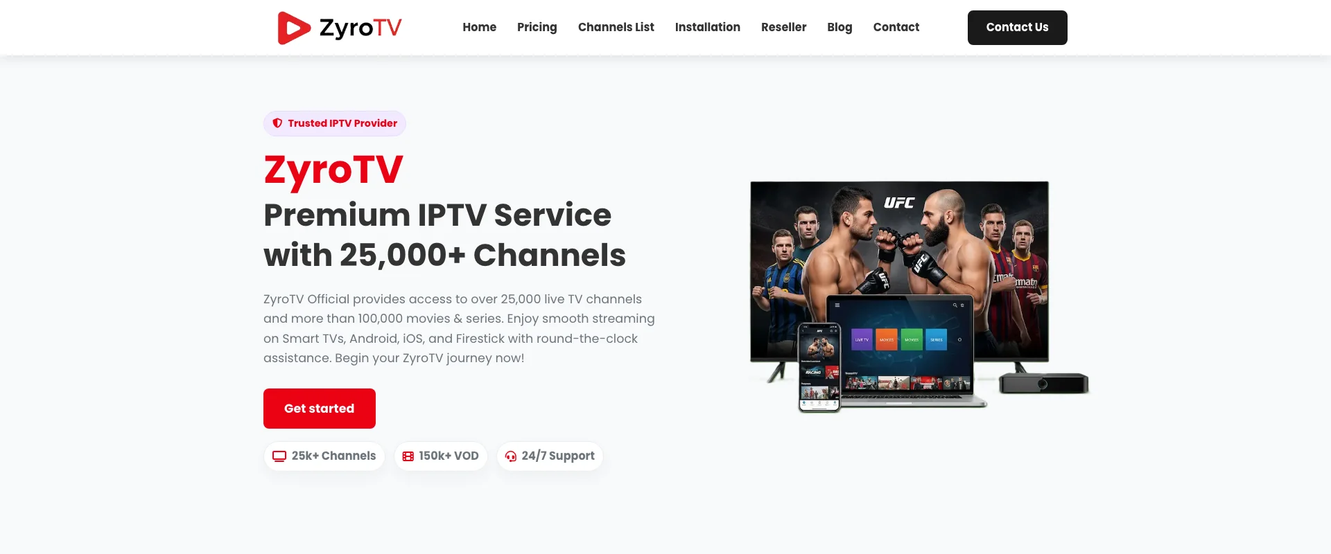 Zyro TV interface showing streaming quality and channel guide