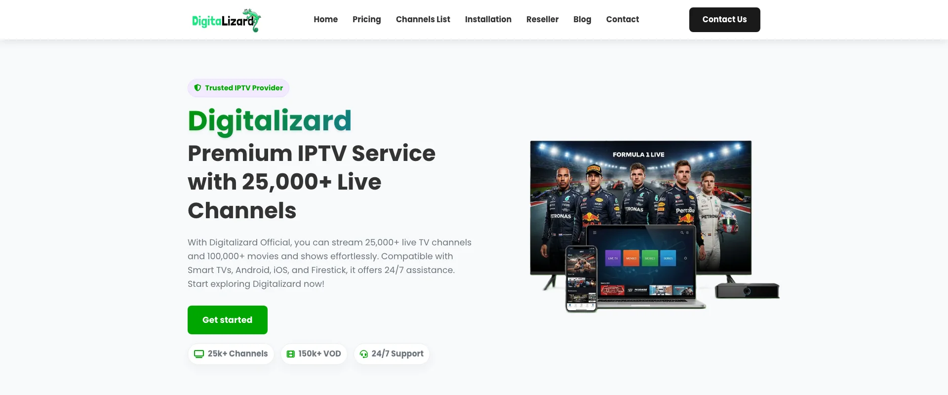 Digitalizard IPTV interface showing streaming quality and channel guide